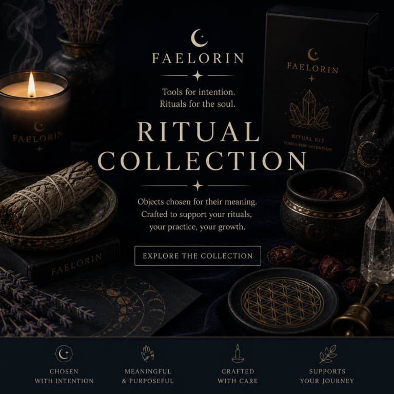 Faelorin - Wiccan Ritual Objects Dark-themed display featuring candles, crystals, and ritual items for spiritual practice.