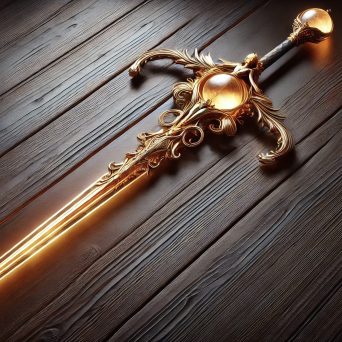 Faelorin - Wiccan Ritual Sword A decorative sword with a glowing blade and ornate golden handle, resting on wooden surface.