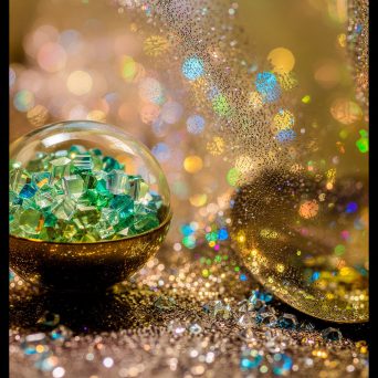Faelorin - Crystals and Stardust Green gemstones in a glass bowl, surrounded by shimmering, multicoloured sparkles.