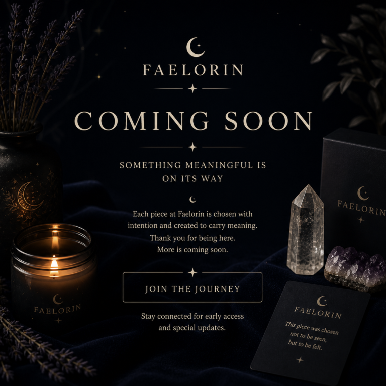 Faelorin - Wiccan Ritual Objects Display of various crystals, with a wand, a cauldron and a lit white candle, upon a wooden altar.