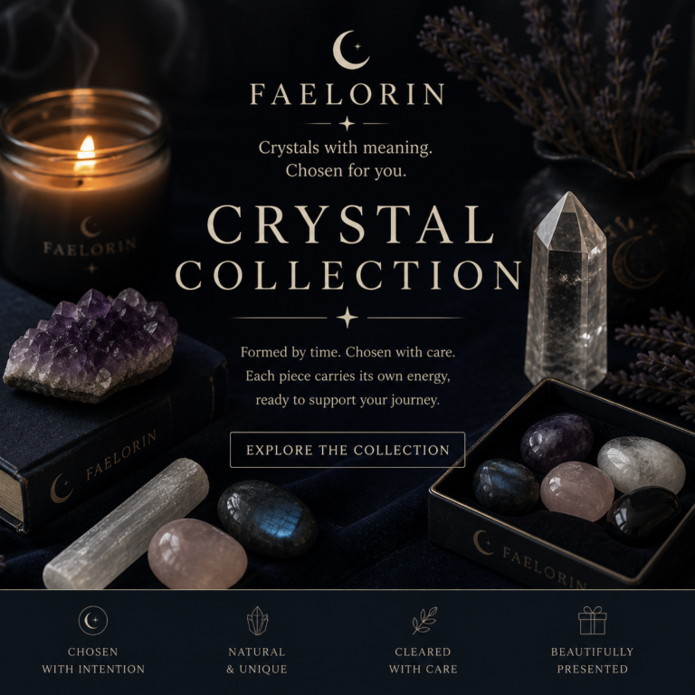 Faelorin - Wiccan Crystals Luxury display of crystals, candle, and decorative elements on a dark background.